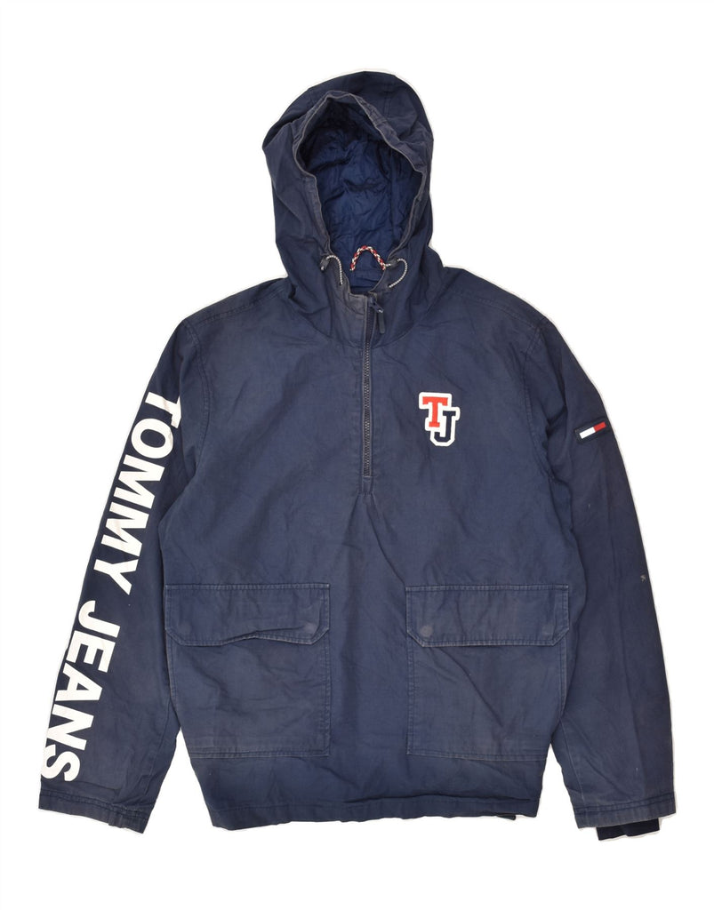 TOMMY HILFIGER Mens Graphic Hooded Anorak Jacket UK 36 Small Navy Blue | Vintage Tommy Hilfiger | Thrift | Second-Hand Tommy Hilfiger | Used Clothing | Messina Hembry 