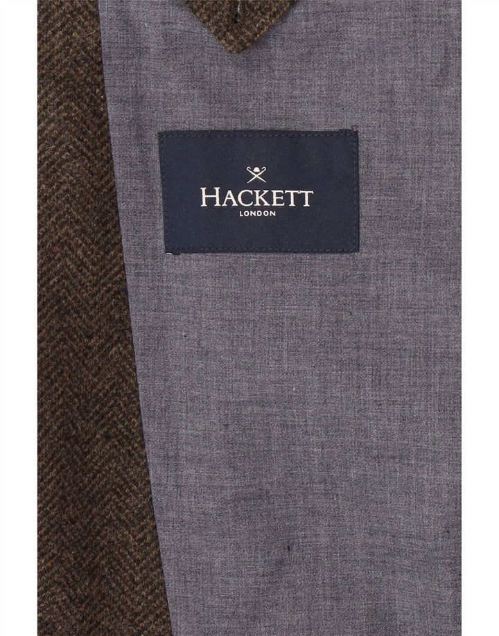 HACKETT Mens 3 Button Blazer Jacket UK 44 XL Brown Herringbone Wool