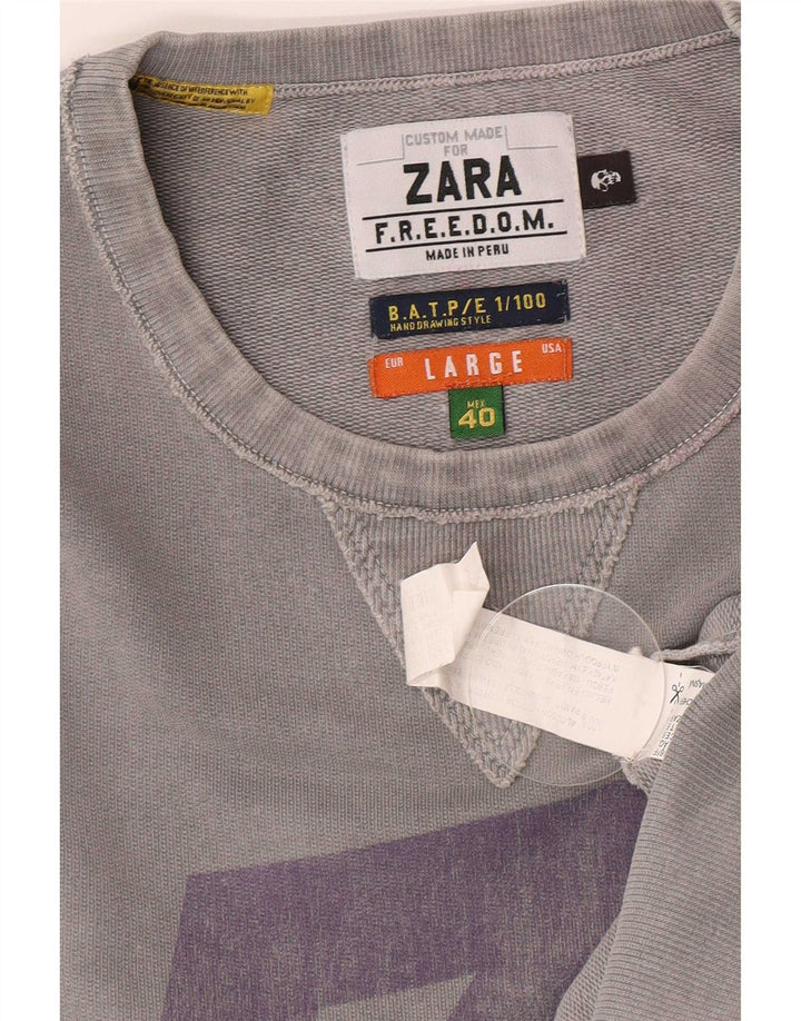 Zara Mens Graphic Sweatshirt Jumper Large Grey Cotton