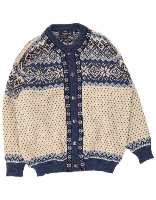 Nordstrikk Mens Cardigan Sweater Large Blue Fair Isle Virgin Wool