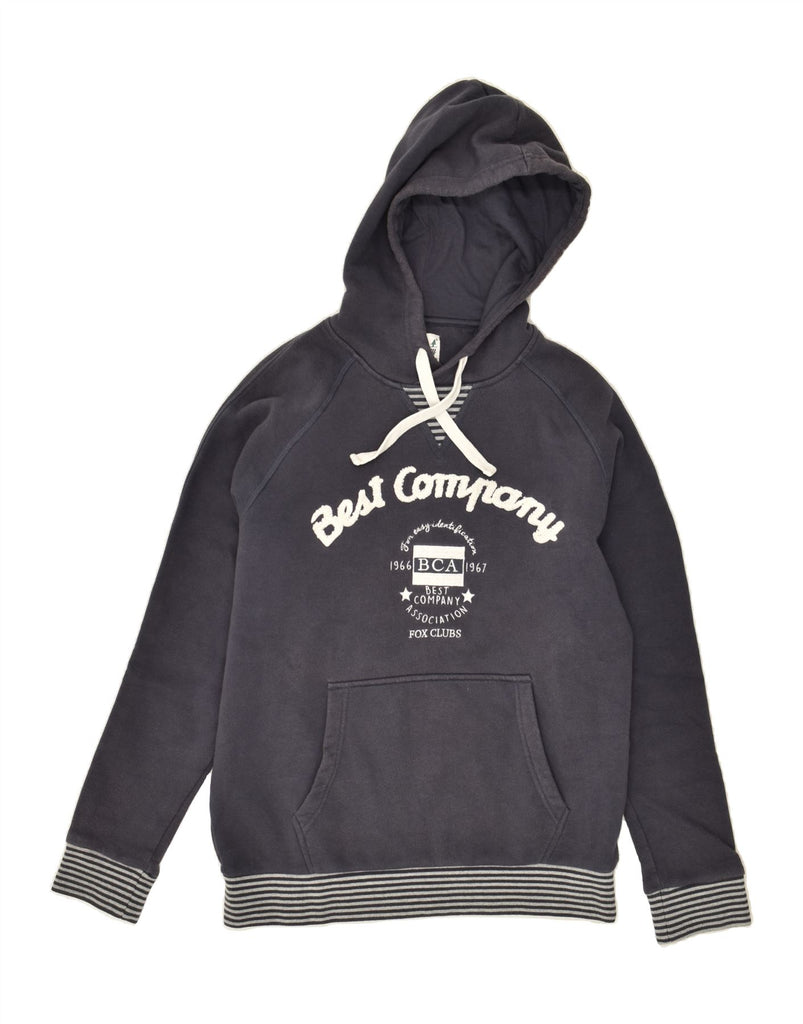 BEST COMPANY Womens Graphic Hoodie Jumper UK 16 Large Navy Blue Cotton | Vintage Best Company | Thrift | Second-Hand Best Company | Used Clothing | Messina Hembry 