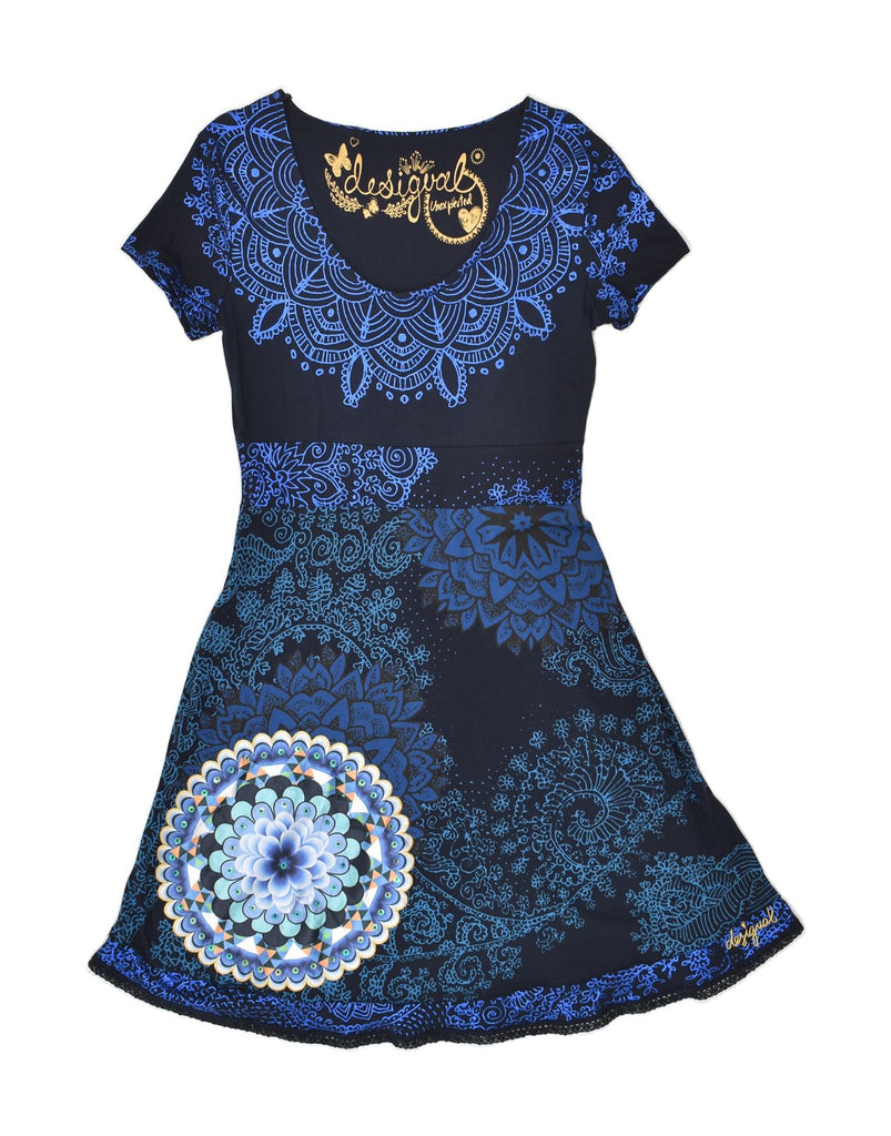 DESIGUAL Womens Graphic A-Line Dress UK 14 Large Navy Blue Floral | Vintage Desigual | Thrift | Second-Hand Desigual | Used Clothing | Messina Hembry 