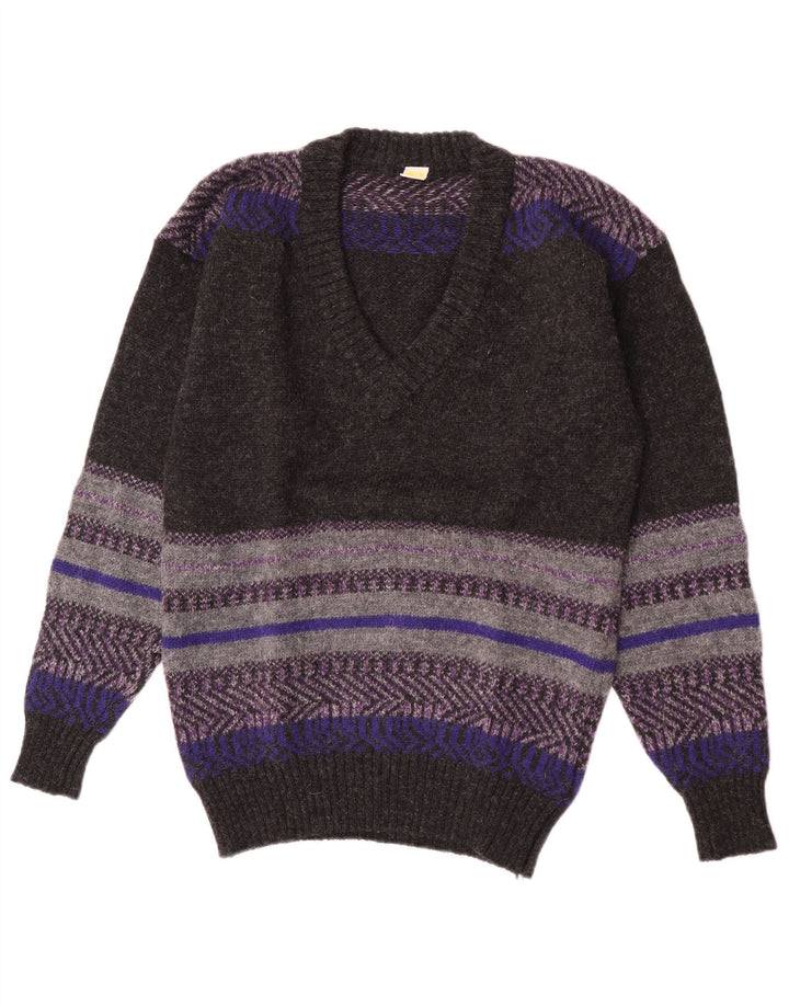 Mark Astor Mens V-Neck Jumper Sweater Small Grey Striped