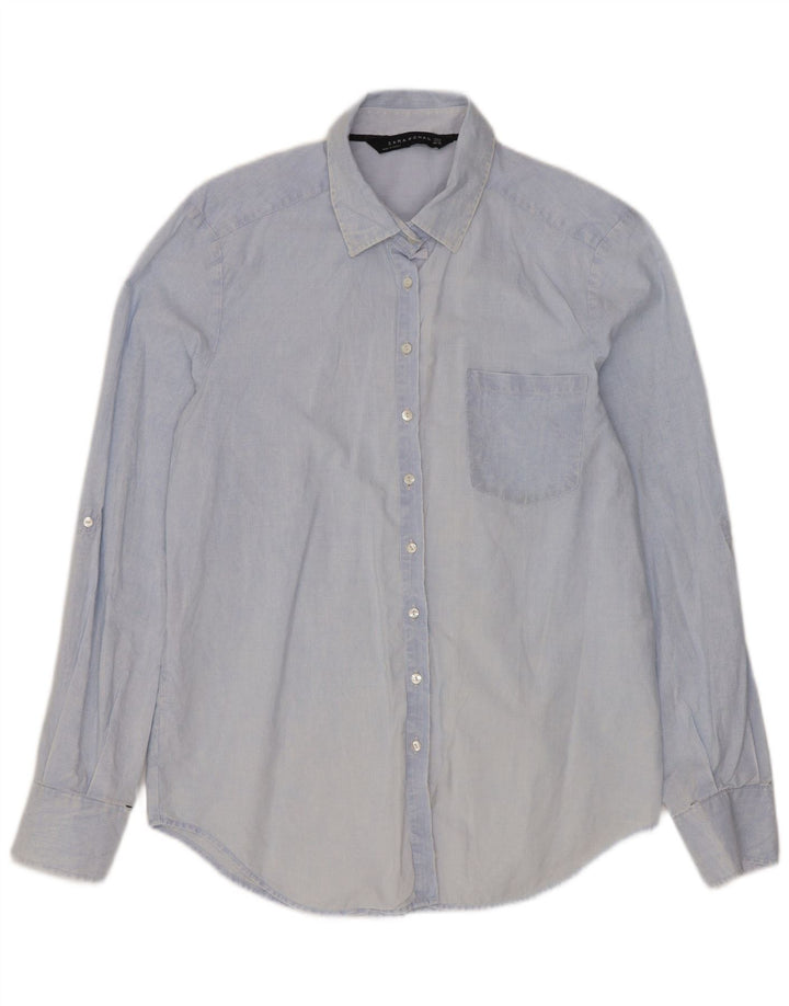 ZARA Womens Shirt UK 14 Medium Blue Pinstripe Cotton