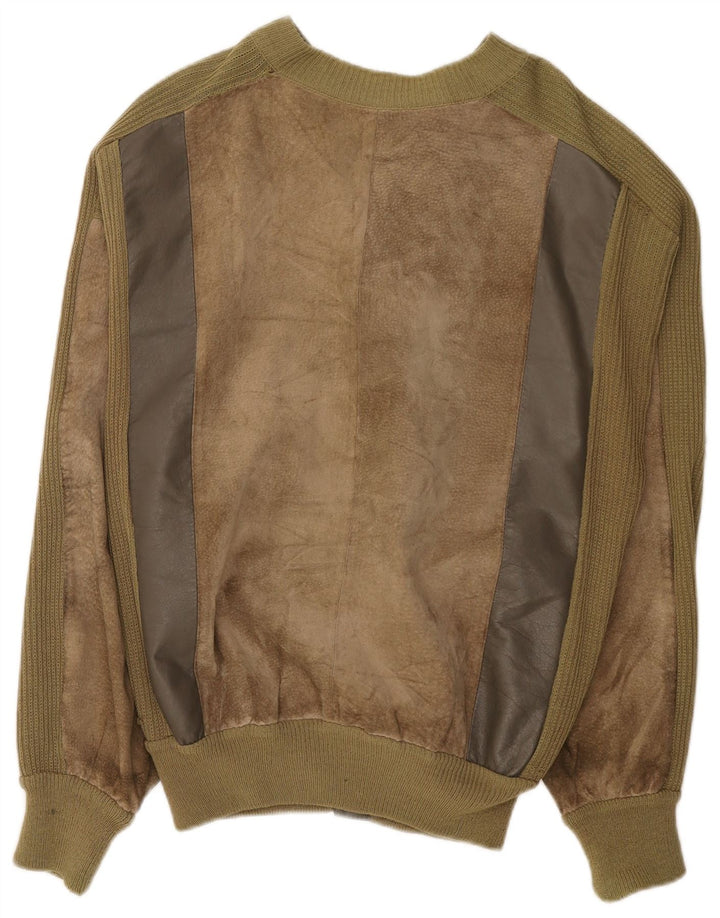 Vintage Mens Suede Bomber Jacket UK 38 Medium Khaki Colourblock Leather