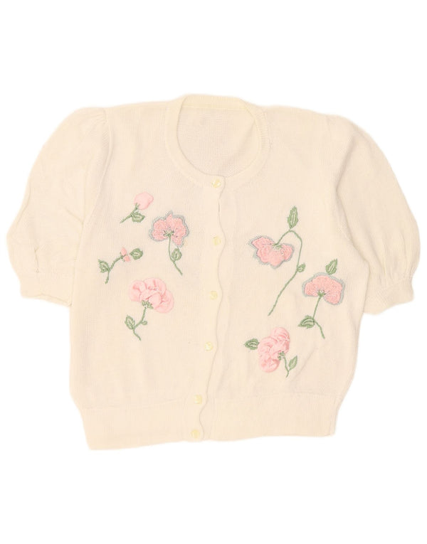 Vintage Womens Short Sleeve Cardigan Sweater UK 16 Large White Floral