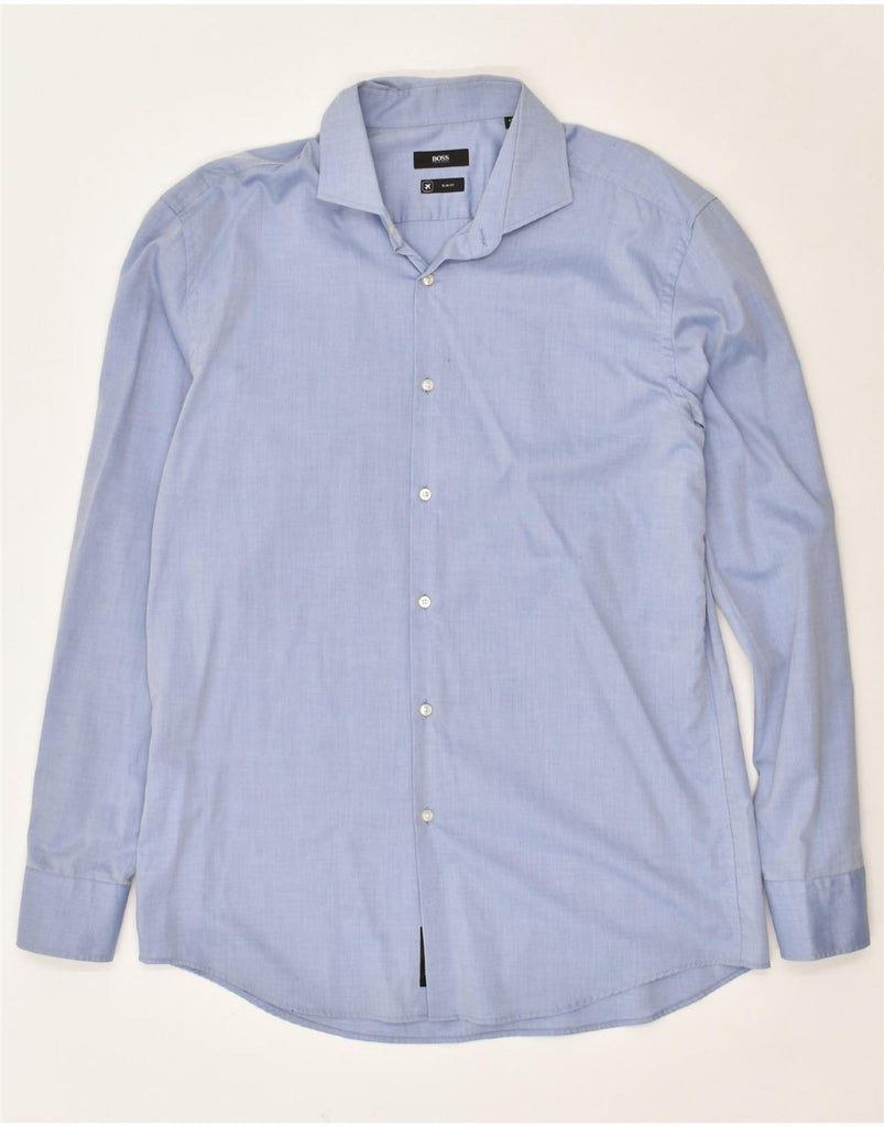 HUGO BOSS Mens Slim Fit Shirt Size 17 43 XL Blue Cotton | Vintage Hugo Boss | Thrift | Second-Hand Hugo Boss | Used Clothing | Messina Hembry 