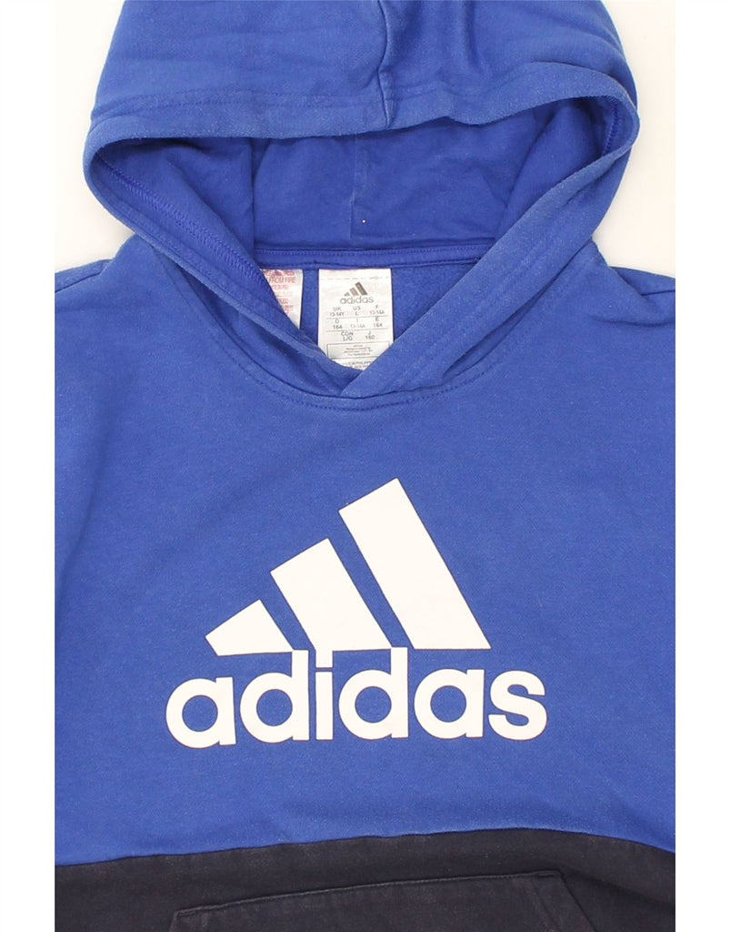 ADIDAS Boys Graphic Hoodie Jumper 13-14 Years Blue Colourblock | Vintage Adidas | Thrift | Second-Hand Adidas | Used Clothing | Messina Hembry 