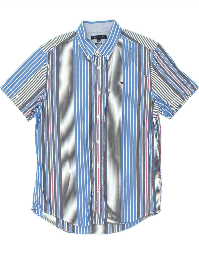 TOMMY HILFIGER Mens Custom Fit Short Sleeve Shirt Medium Blue Striped | Vintage Tommy Hilfiger | Thrift | Second-Hand Tommy Hilfiger | Used Clothing | Messina Hembry 