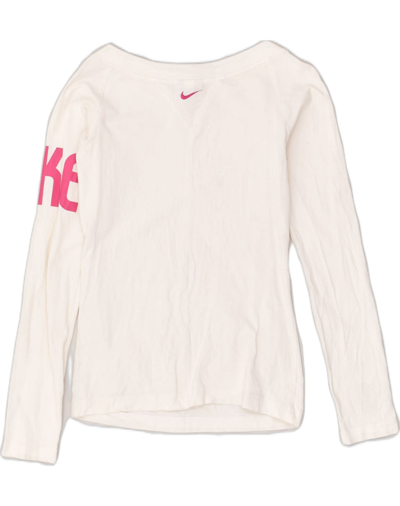 NIKE Girls Graphic Top Long Sleeve 12-13 Years Medium White Cotton | Vintage Nike | Thrift | Second-Hand Nike | Used Clothing | Messina Hembry 