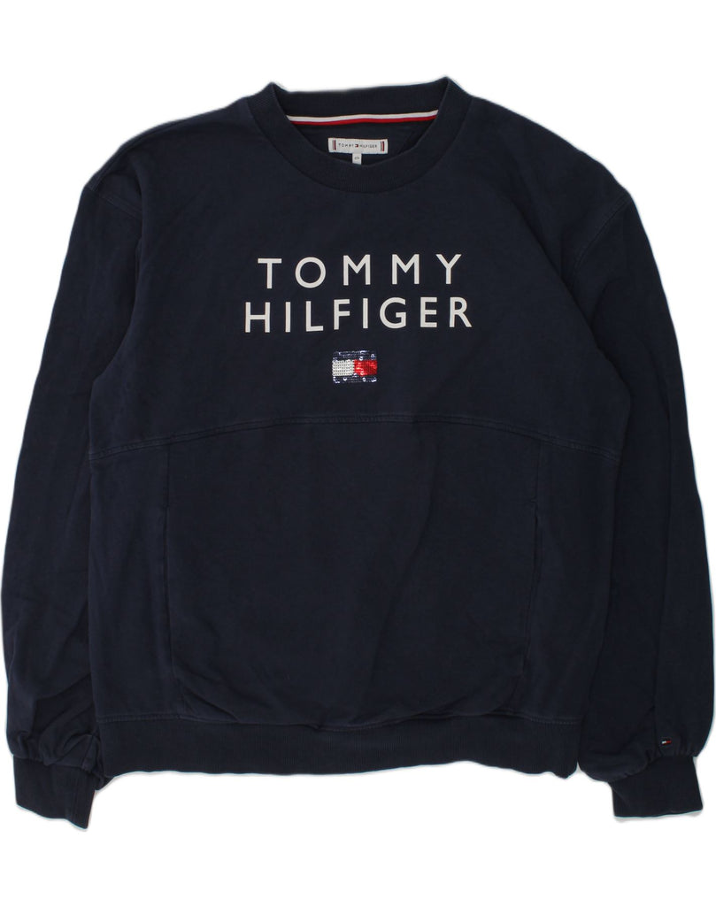 TOMMY HILFIGER Girls Graphic Sweatshirt Jumper 15-16 Years Navy Blue | Vintage Tommy Hilfiger | Thrift | Second-Hand Tommy Hilfiger | Used Clothing | Messina Hembry 