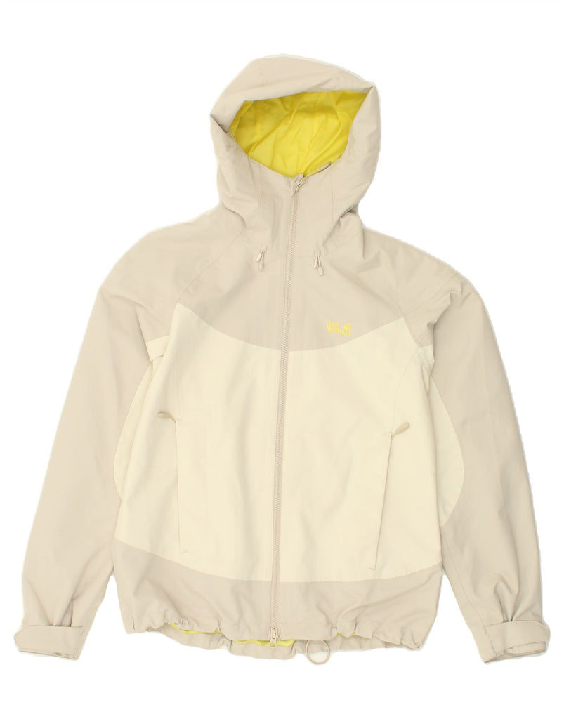 JACK WOLFSKIN Womens Hooded Rain Jacket UK 12 Medium Beige Colourblock Vintage Jack Wolfskin and Second-Hand Jack Wolfskin from Messina Hembry 