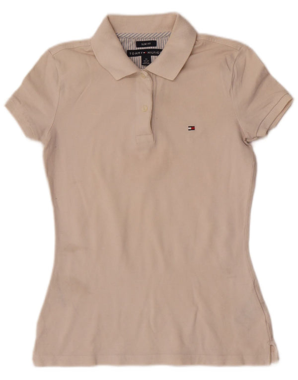 Tommy Hilfiger Womens Slim Fit Polo Shirt UK 6 XS Beige Cotton