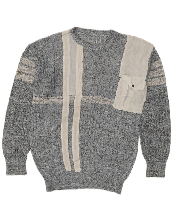 Vintage Mens Crew Neck Jumper Sweater IT 52 Large Blue Striped Linen