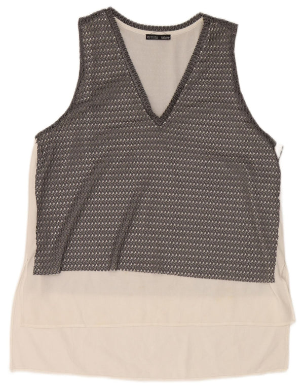 Zara Womens Sleeveless See Through Top UK 16 Large Grey Colourblock