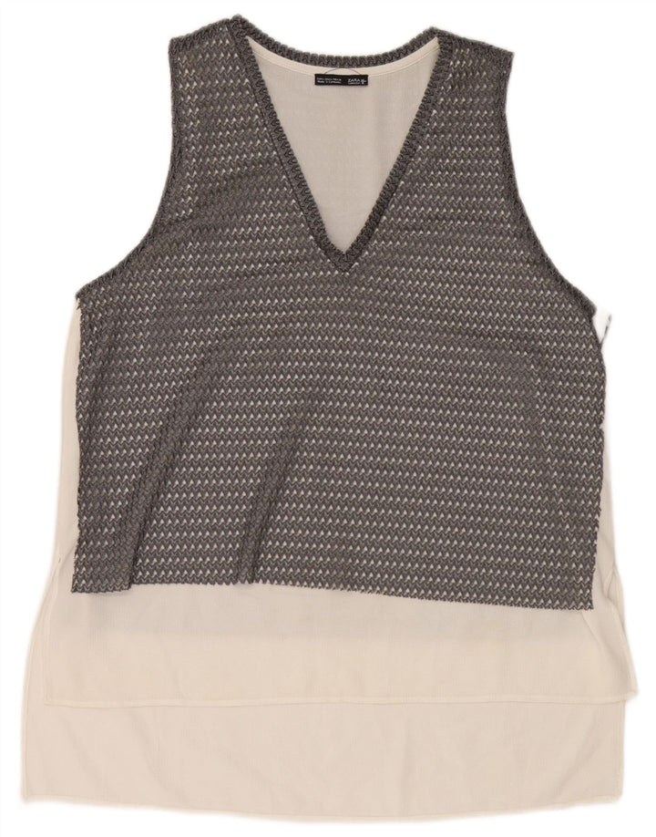 Zara Womens Sleeveless See Through Top UK 16 Large Grey Colourblock