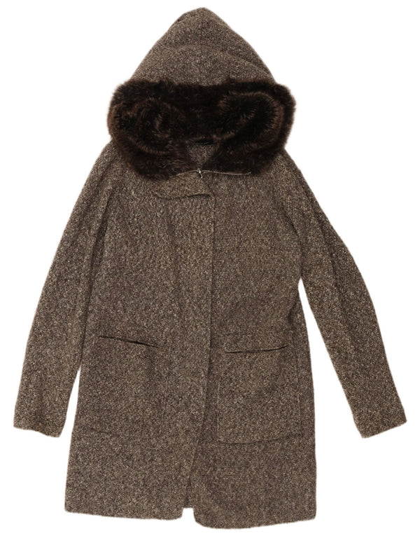 Zara Womens Oversized Hooded Knit Overcoat UK 10 Small Grey Flecked Acrylic