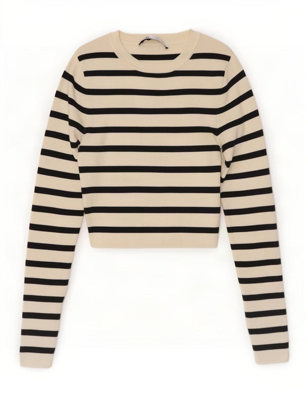 Zara Womens Crop Blouse Top UK 8 Small Off White Striped Viscose