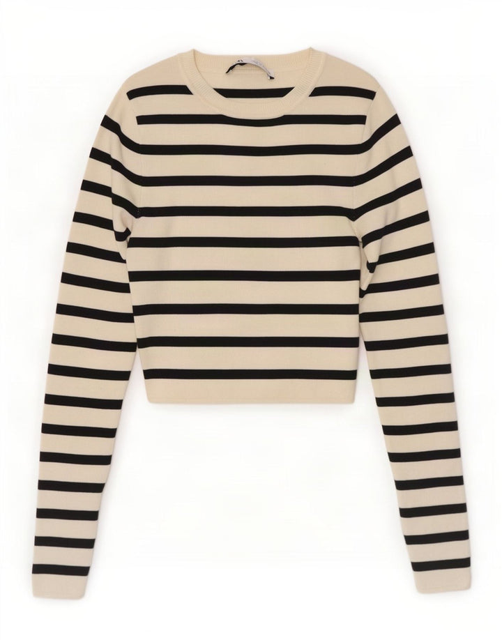 Zara Womens Crop Blouse Top UK 8 Small Off White Striped Viscose