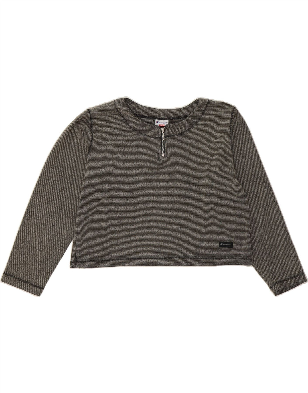 CHAMPION Womens Crop Top Long Sleeve UK 14 Medium Grey Striped Polyester Vintage Champion and Second-Hand Champion from Messina Hembry 