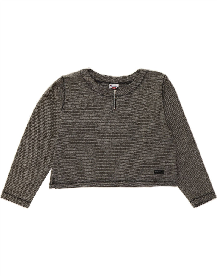 CHAMPION Womens Crop Top Long Sleeve UK 14 Medium Grey Striped Polyester Vintage Champion and Second-Hand Champion from Messina Hembry 