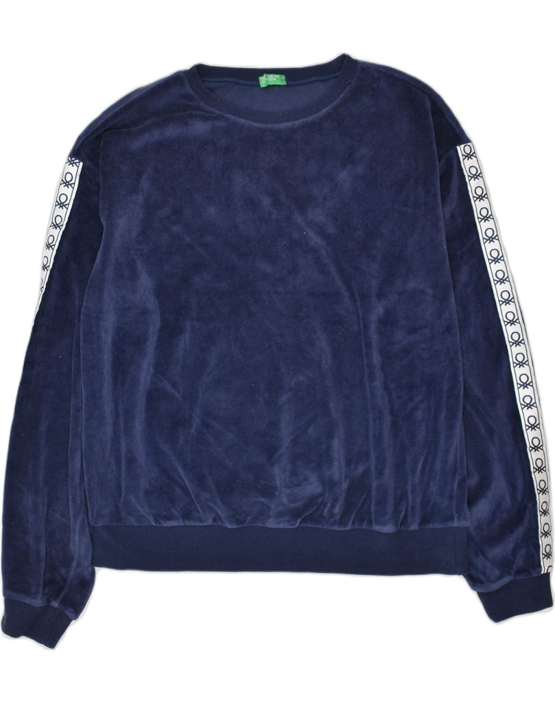 BENETTON Girls Velour Sweatshirt Jumper 13-14 Years 3XL Navy Blue Cotton | Vintage | Thrift | Second-Hand | Used Clothing | Messina Hembry 