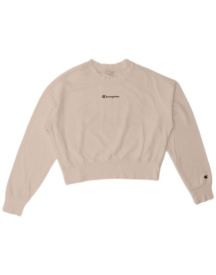 CHAMPION Womens Oversized Crop Sweatshirt Jumper UK 14 Medium White Cotton