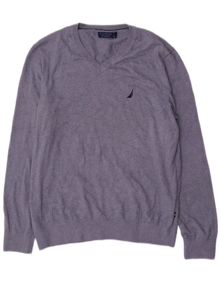 Nautica Mens V-Neck Jumper Sweater Medium Navy Blue Cotton