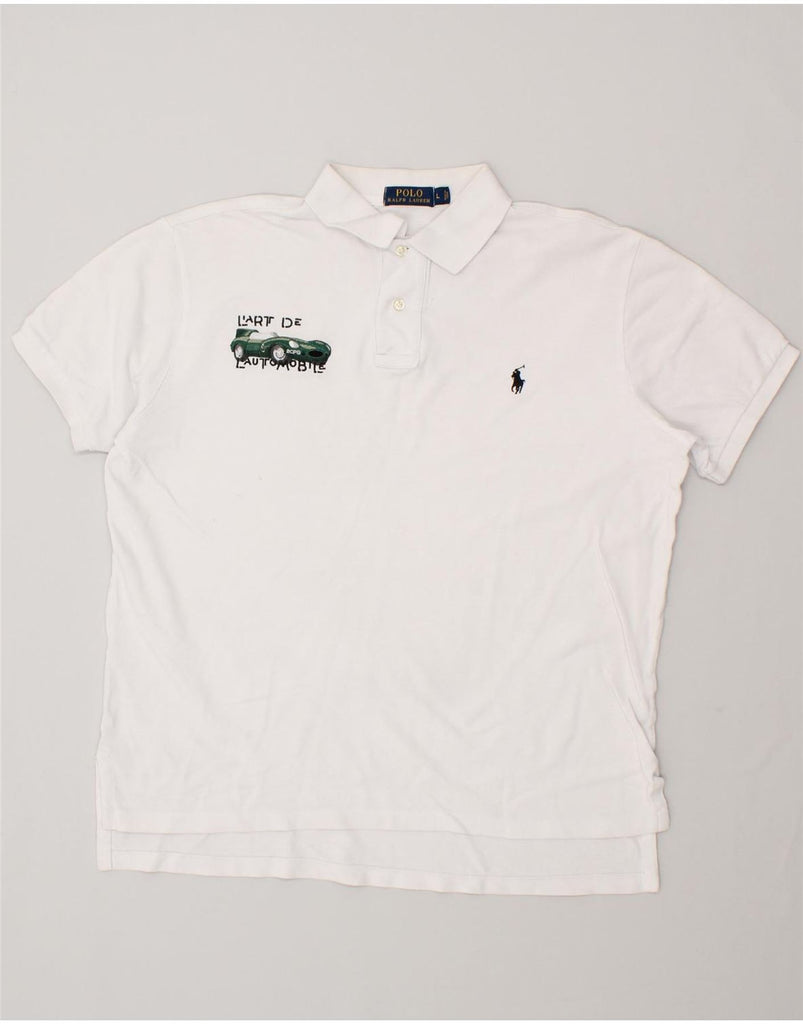 POLO RALPH LAUREN Mens Graphic Polo Shirt Large White Cotton | Vintage Polo Ralph Lauren | Thrift | Second-Hand Polo Ralph Lauren | Used Clothing | Messina Hembry 