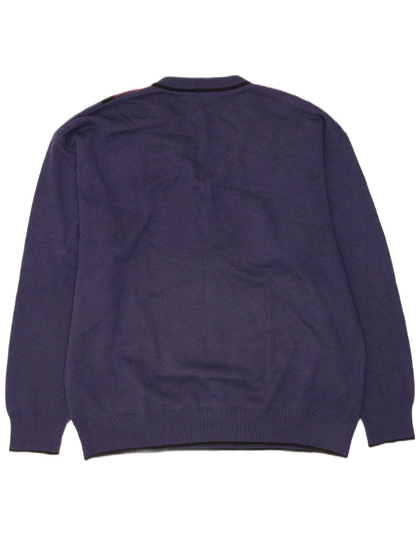 Gabicci Mens V-Neck Jumper Sweater XL Navy Blue Geometric Wool