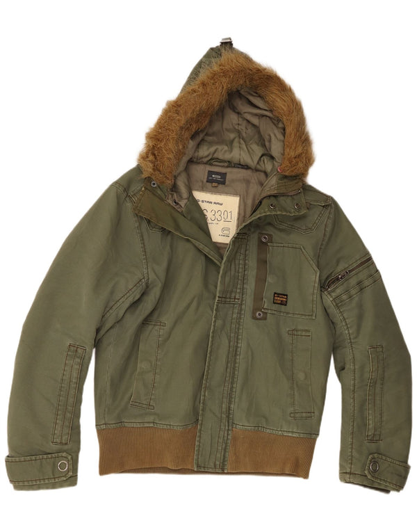 G-Star Mens Hooded Bomber Jacket UK 40 Large Khaki Cotton