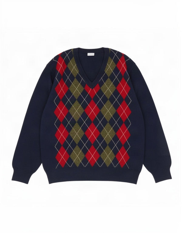 Vintage Mens V-Neck Jumper Sweater XL Navy Blue Argyle/Diamond Wool