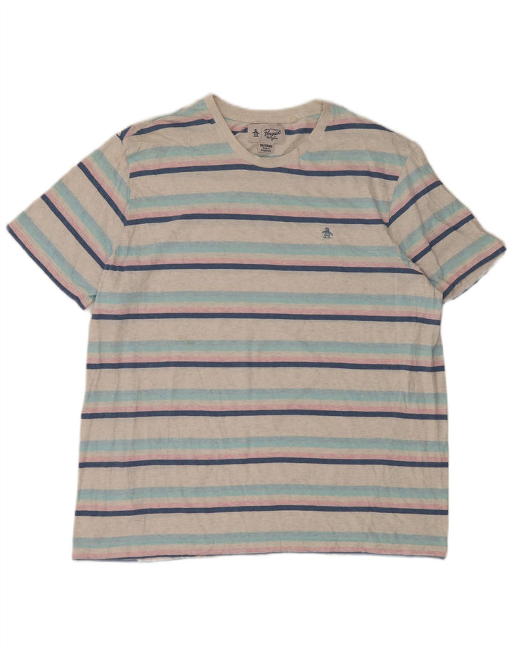 Penguin Mens T-Shirt Top 2XL White Striped Cotton