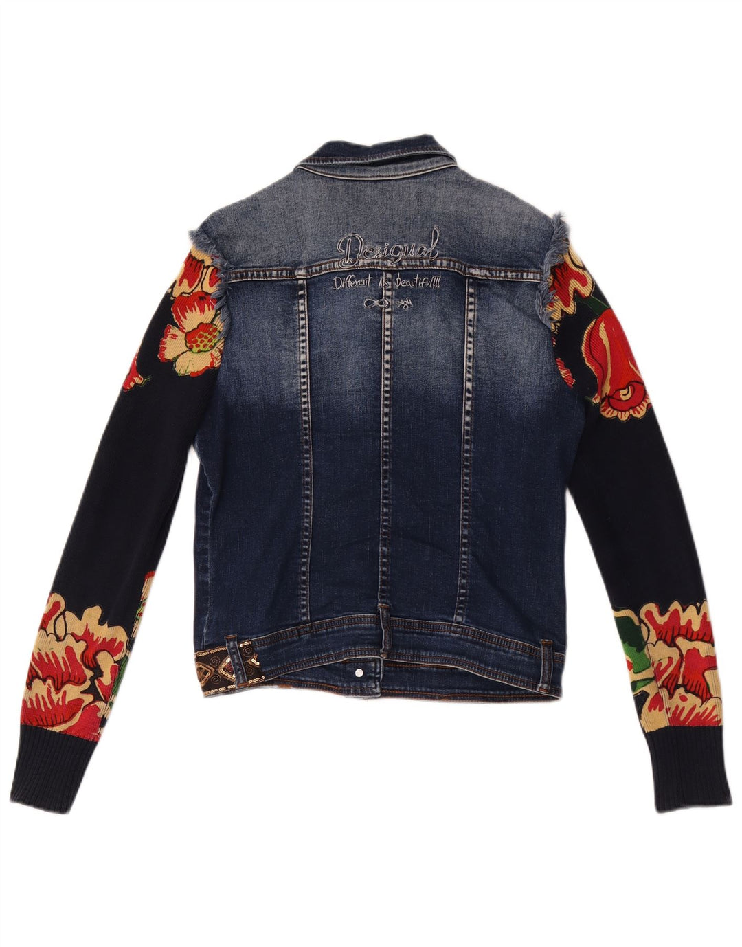 Desigual Womens Graphic Denim Jacket EU 38 Medium Navy Blue Floral Cotton