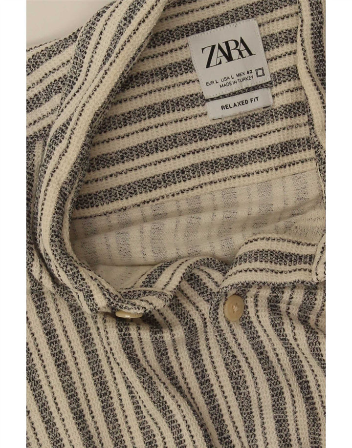 Zara Mens Short Sleeve Relaxed Fit Shirt Large Grey Striped