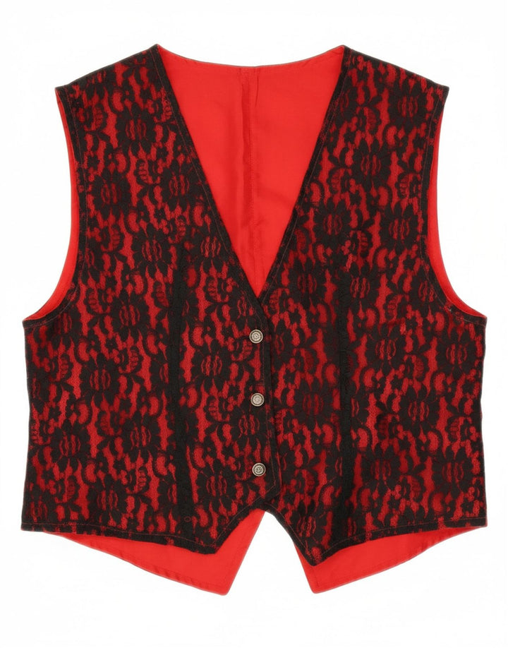 VINTAGE Womens Waistcoat UK 14 Medium Red Floral Polyester