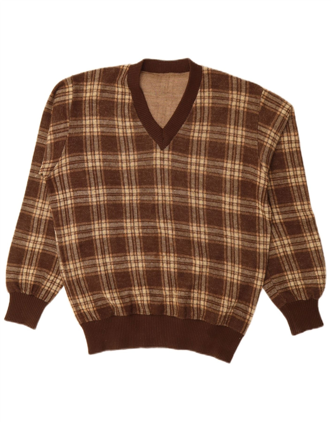 Vintage Mens V-Neck Jumper Sweater Large Brown Check Acrylic