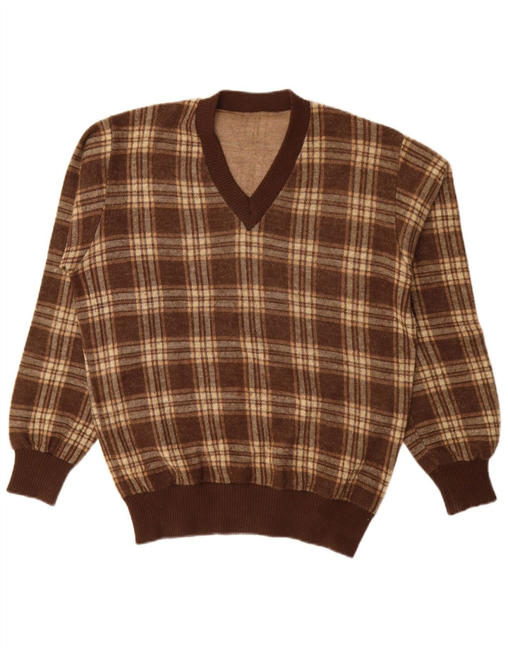 Vintage Mens V-Neck Jumper Sweater Large Brown Check Acrylic