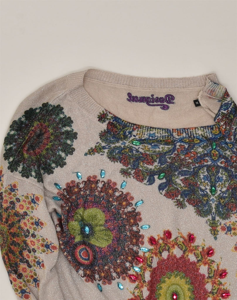 DESIGUAL Womens Boat Neck Jumper Sweater UK 12 Medium Grey Patchwork | Vintage Desigual | Thrift | Second-Hand Desigual | Used Clothing | Messina Hembry 