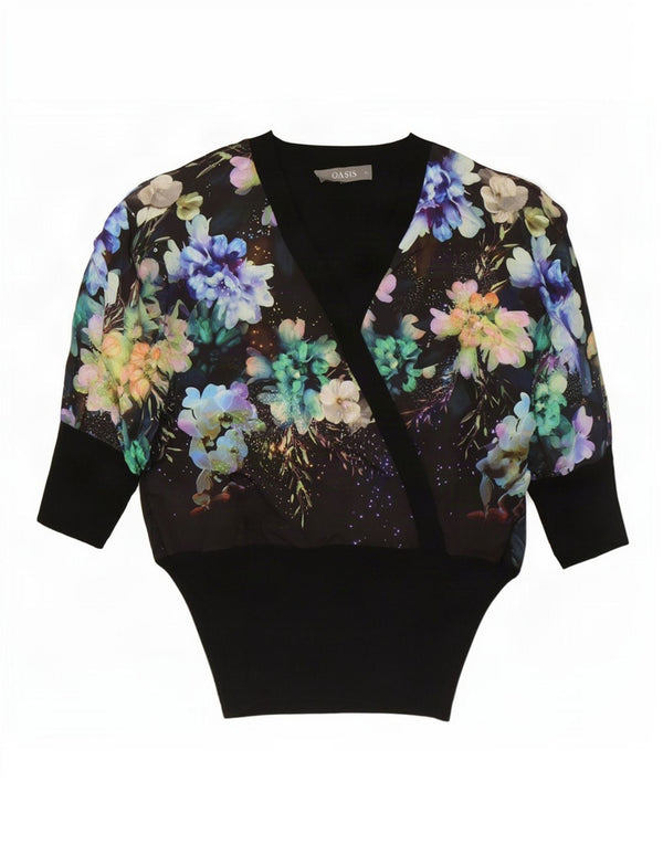 Oasis Womens Oversized Blouse Top UK 6 XS Black Floral Viscose