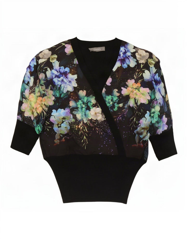 Oasis Womens Oversized Blouse Top UK 6 XS Black Floral Viscose