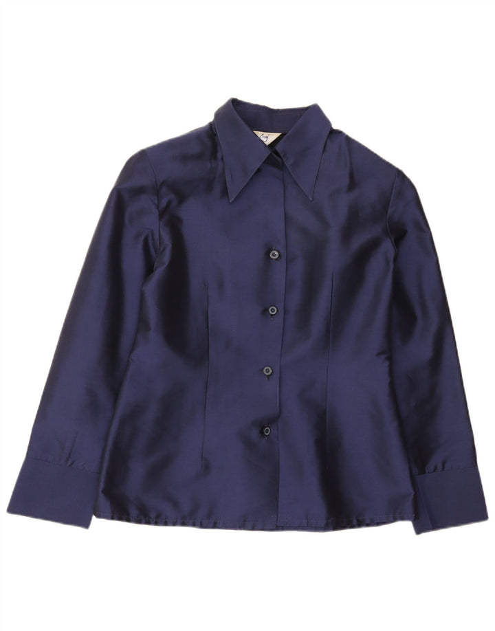 Vintage Womens Shirt Blouse UK 14 Medium Navy Blue Silk
