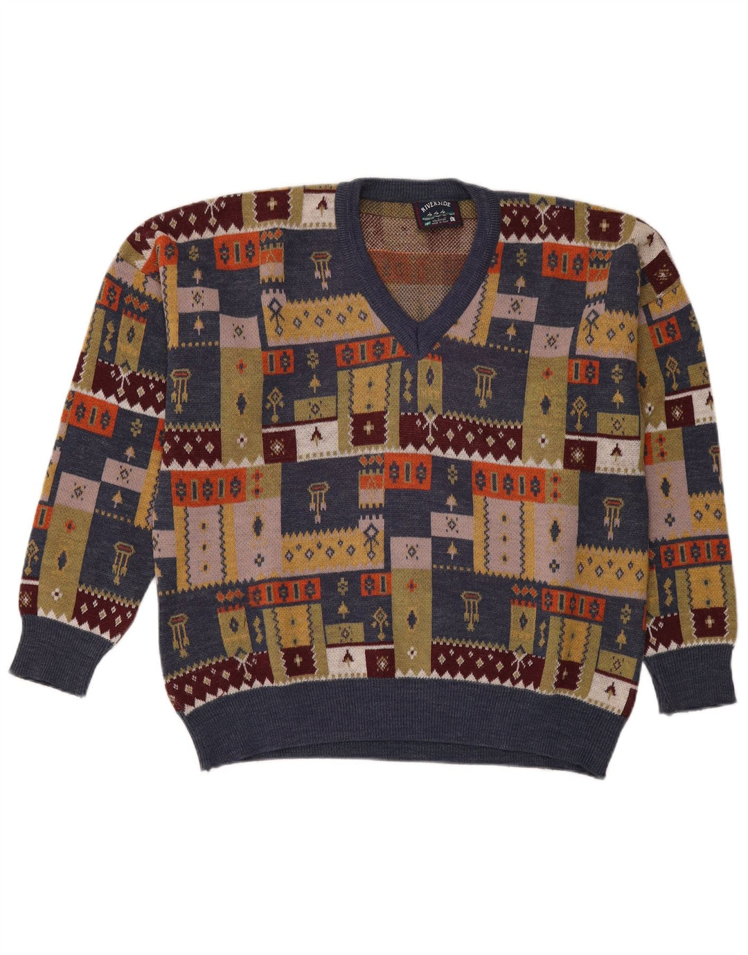 Vintage Mens V-Neck Jumper Sweater Large Multicoloured Patchwork