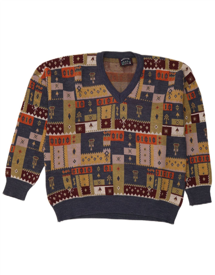 Vintage Mens V-Neck Jumper Sweater Large Multicoloured Patchwork