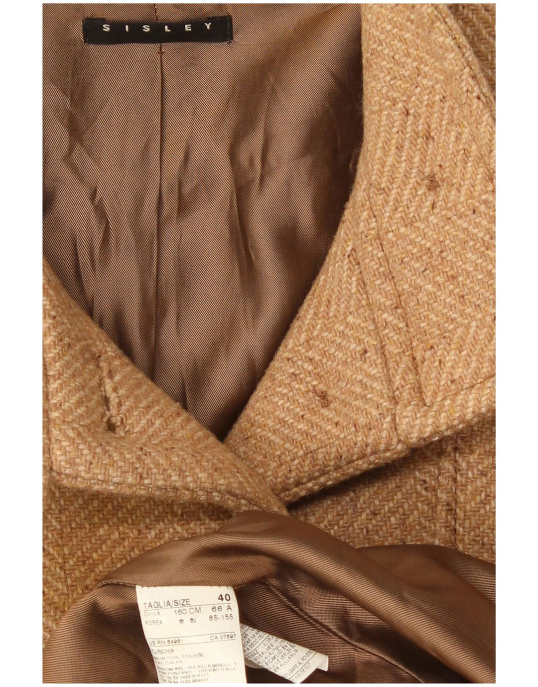 Sisley Womens Overcoat IT 40 Small Beige Herringbone Polyester