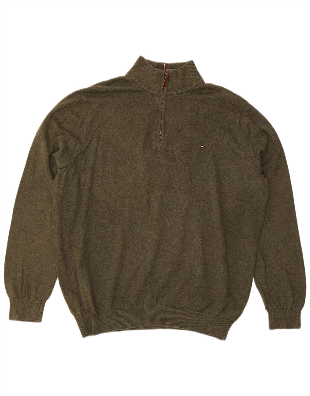 TOMMY HILFIGER Mens Zip Neck Jumper Sweater 2XL Khaki Cotton