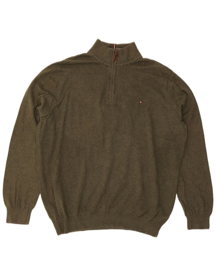 TOMMY HILFIGER Mens Zip Neck Jumper Sweater 2XL Khaki Cotton