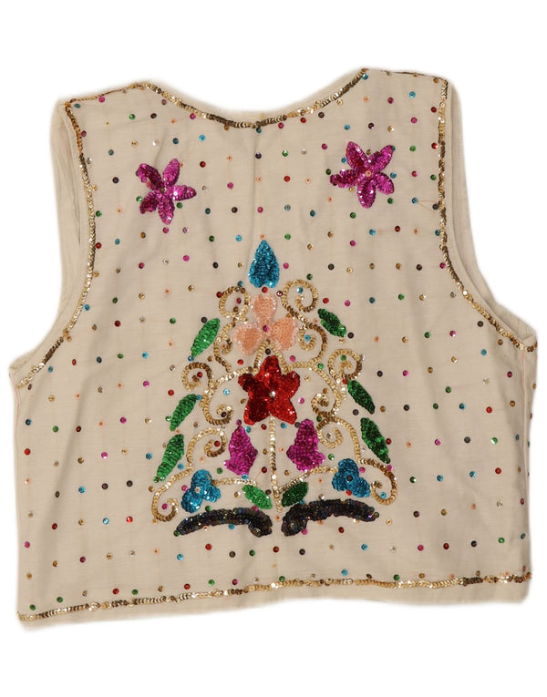 Vintage Womens OPEN Waistcoat UK 16 Large White Floral