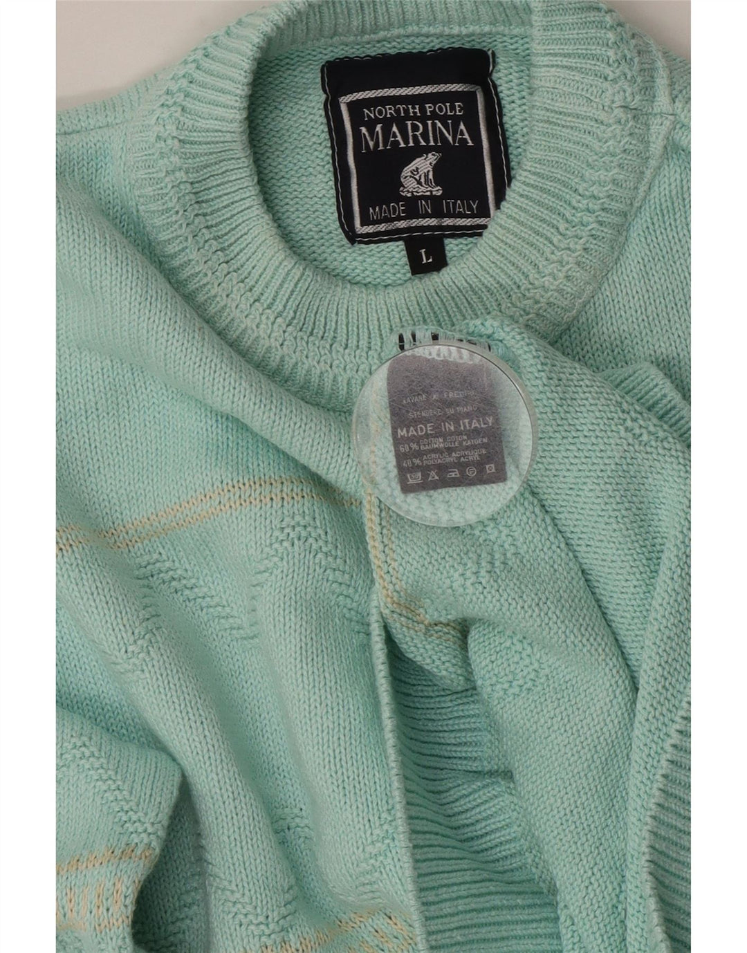 NORTH POLE Mens Crew Neck Jumper Sweater Large Turquoise Striped Cotton