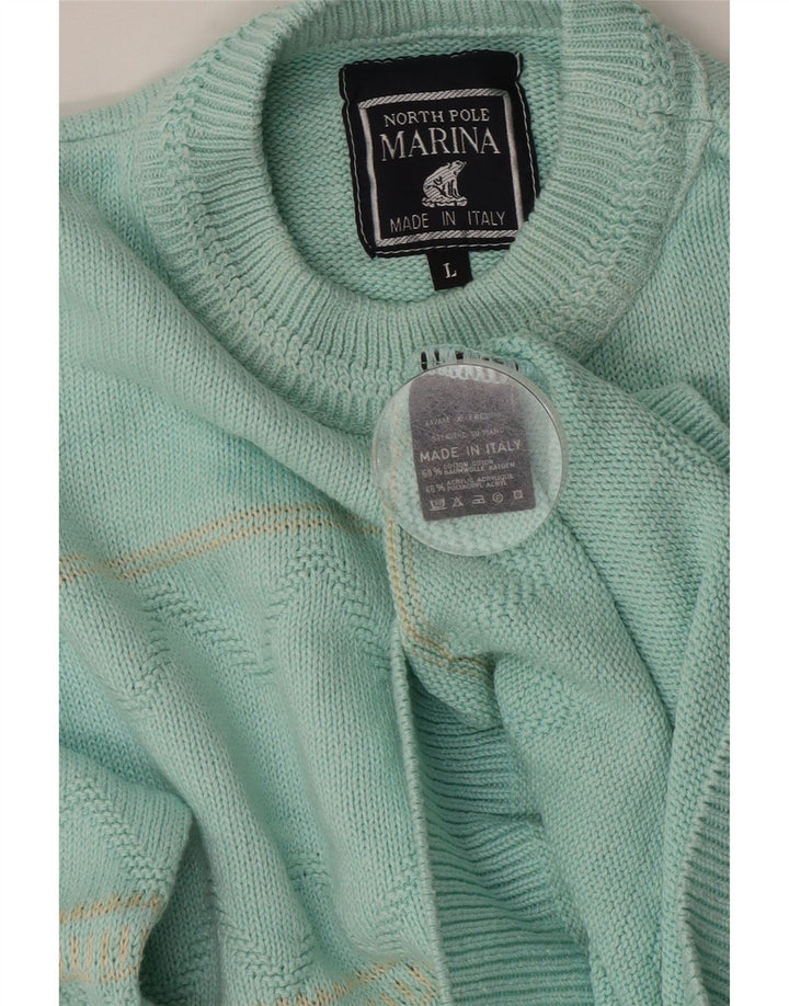 NORTH POLE Mens Crew Neck Jumper Sweater Large Turquoise Striped Cotton